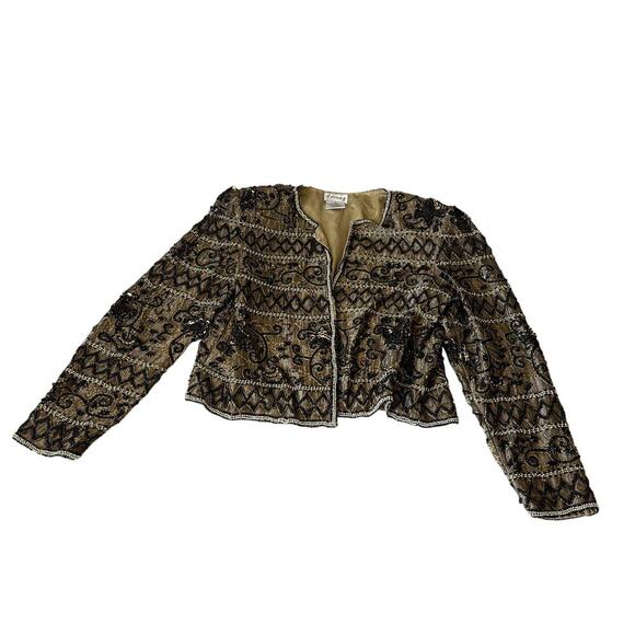 Vintage 80s Silk Beaded Jacket Gold and Black Women's Size Medium - Picture 3 of 5
